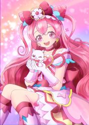 Rule 34 | 1girl, 1other, absurdres, boots, brooch, choker, cone hair bun, cure precious, delicious party precure, earrings, fox, gloves, gradient background, hair bun, heart, heart brooch, highres, huge bow, jewelry, kome-kome (precure), long hair, looking at viewer, magical girl, nagomi yui, open mouth, pink background, pink choker, pink eyes, pink hair, precure, sakihi, sitting, triple bun, very long hair