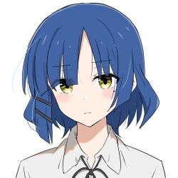 Rule 34 | 1girl, as buppa, asymmetrical sidelocks, black ribbon, blue hair, blunt ends, blush, bocchi the rock!, closed mouth, collared shirt, commentary request, eyes visible through hair, hair ornament, hairclip, highres, long bangs, looking at viewer, mole, mole under eye, neck ribbon, parted bangs, portrait, ribbon, shirt, short hair, simple background, solo, white background, white shirt, yamada ryo, yellow eyes