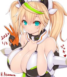 Rule 34 | 1girl, 2020, aqua eyes, artist name, asamura hiori, bare shoulders, blonde hair, blush, breasts, cleavage, collar, collarbone, commentary request, dated, elbow gloves, gene (pso2), gloves, green hair, hair between eyes, headgear, highres, huge breasts, light blush, long hair, looking at viewer, multicolored hair, phantasy star, phantasy star online 2, sideboob, sidelocks, simple background, smile, solo, streaked hair, twintails, two-tone hair, upper body, v, white background