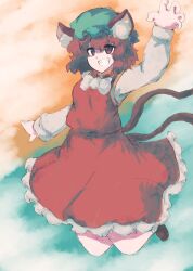 Rule 34 | 1girl, absurdres, animal ears, arm up, bow, bowtie, brown eyes, brown hair, cat ears, cat girl, cat tail, chen, green hat, grin, hat, highres, long sleeves, mob cap, multiple tails, red skirt, red vest, shirt, short hair, skirt, skirt set, smile, solo, tail, tese tesenosu, touhou, two tails, vest, white bow, white bowtie, white shirt