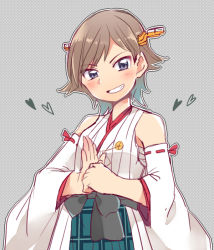 Rule 34 | 10s, blue eyes, brown hair, artistic error, grin, heart, hiei (kancolle), japanese clothes, kantai collection, nontraditional miko, oomori (kswmr), palm-fist greeting, short hair, skirt, smile, solo