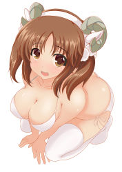 Rule 34 | 10s, 1girl, all fours, bare shoulders, bikini, blush, breasts, brown eyes, brown hair, cleavage, full-face blush, full body, hairband, highres, horns, idolmaster, idolmaster cinderella girls, kiri (foxsnake), large breasts, long hair, looking at viewer, open mouth, side-tie bikini bottom, skindentation, smile, solo, squatting, strap gap, swimsuit, thighhighs, totoki airi, twintails