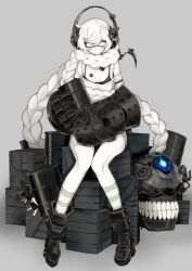 Rule 34 | 1girl, abyssal ship, black footwear, blue eyes, boots, braid, breasts, closed mouth, colored skin, crate, drum (container), full body, gauntlets, glasses, glowing, glowing eyes, grey background, hair scarf, headphones, holding, kantai collection, kumadano, long hair, off shoulder, pale skin, simple background, single braid, sitting, socks, solo, striped clothes, striped socks, supply depot princess, teeth, very long hair, white hair, white skin