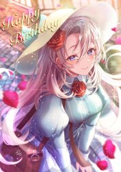 Rule 34 | 1girl, blue dress, blue eyes, breasts, brown bag, buttons, cobblestone, collared dress, dress, falling petals, fate/grand order, fate (series), flower, grey hair, hair between eyes, hair flower, hair ornament, happy birthday, hat, highres, long hair, marie antoinette (fate), medium breasts, neck flower, petals, pink petals, puffy sleeves, red flower, red rose, rose, signature, smile, solo, striped clothes, striped dress, sun hat, totomiya, vertical-striped clothes, vertical-striped dress