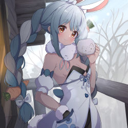Rule 34 | 1girl, absurdres, ame., animal ear fluff, animal ears, bare shoulders, bare tree, black gloves, black leotard, blue hair, bow, braid, breasts, brown eyes, carrot hair ornament, cleavage, closed mouth, commentary request, cup, day, detached sleeves, don-chan (usada pekora), dress, food-themed hair ornament, fur-trimmed gloves, fur trim, gloves, hair bow, hair ornament, hand in pocket, hand up, highres, holding, holding cup, hololive, leotard, long hair, looking at viewer, mug, multicolored hair, outdoors, puffy short sleeves, puffy sleeves, rabbit-shaped pupils, rabbit ears, short eyebrows, short sleeves, small breasts, smile, steam, strapless, strapless dress, strapless leotard, symbol-shaped pupils, thick eyebrows, tree, twin braids, twintails, two-tone hair, usada pekora, usada pekora (1st costume), very long hair, virtual youtuber, white bow, white dress, white hair, white sleeves