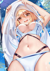 Rule 34 | 1girl, :d, arms up, artist name, bare arms, bikini, blonde hair, blue sky, blush, breasts, cloud, commentary, day, english commentary, flower, from below, genshin impact, hair flower, hair ornament, highres, large breasts, lifting own clothes, long hair, looking at viewer, looking down, lumine (genshin impact), navel, open mouth, outdoors, sky, smile, solo, squchan, stomach, swimsuit, upper body, water drop, watermark, web address, white bikini, white flower, yellow eyes