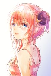 Rule 34 | 1girl, blue eyes, breasts, chawa (chawawa), cleavage, collarbone, crying, crying with eyes open, from side, gintama, hair between eyes, hair bun, hair over shoulder, kagura (gintama), long hair, looking at viewer, pink hair, pink shirt, ponytail, shirt, simple background, single hair bun, sleeveless, sleeveless shirt, small breasts, smile, solo, tears, upper body, white background