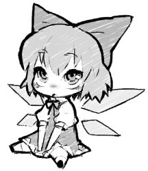Rule 34 | bad id, bad pixiv id, bow, chibi, cirno, embodiment of scarlet devil, greyscale, hair bow, monochrome, short hair, simple background, solo, touhou, ume (noraneko), white background, wings