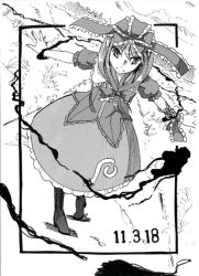 Rule 34 | 1girl, arm ribbon, boots, bow, cross-laced footwear, dated, female focus, frills, front ponytail, hair bow, hair ornament, hair ribbon, kagiyama hina, lace-up boots, long hair, monochrome, outstretched arms, ribbon, serious, short sleeves, solo, standing, takuzui, touhou