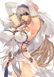 Rule 34 | 1girl, absurdres, armpits, arms up, bare shoulders, blindfold, blonde hair, breasts, cleavage, dress, goblin slayer!, highres, jewelry, large breasts, long hair, necklace, open mouth, parted lips, solo, sword maiden, thighs, white dress, yuu (asaiyuji)