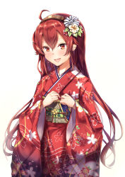 Rule 34 | 1girl, :d, ahoge, commentary request, eris greyrat, floral print, flower, hair between eyes, hair flower, hair ornament, hairband, japanese clothes, kimono, long hair, mushoku tensei, nakatokung, obi, open mouth, print kimono, red eyes, red hair, red kimono, sash, simple background, smile, solo, very long hair, white background, wide sleeves