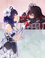 Rule 34 | 2girls, ^ ^, bare shoulders, black hair, black headwear, blue hair, chain, clenched hand, closed eyes, colored inner hair, commentary, detached sleeves, dress, elbow gloves, english commentary, eulyin huan, fence, flower, gloves, hair flower, hair ornament, hand on own chest, highres, holding hands, honkai (series), honkai impact 3rd, long hair, looking at another, multicolored hair, multiple girls, open mouth, red eyes, red gloves, red hair, seele (alter ego), seele vollerei, seele vollerei (starchasm nyx), seele vollerei (stygian nymph), short hair, smile, standing, twitter username, upper body, white dress, white flower, white gloves, yuri