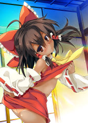 Rule 34 | 1girl, ahoge, ascot, ass, blush, bow, breasts, brown eyes, brown hair, clothes lift, commentary request, cowboy shot, detached sleeves, hair bow, hair tubes, hakurei reimu, looking at viewer, midriff, red bow, red skirt, skirt, skirt lift, skirt set, solo, tan, tororo (toriaezu), touhou, underboob, yellow ascot