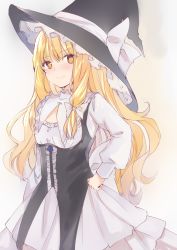 Rule 34 | 1girl, bad id, bad pixiv id, black hat, blonde hair, blush, bow, braid, brown eyes, center frills, closed mouth, dress, frills, hair between eyes, hair bow, hand on own hip, hat, hat bow, highres, kirisame marisa, long hair, long sleeves, looking at viewer, nanase nao, puffy long sleeves, puffy sleeves, single braid, smile, solo, touhou, very long hair, white bow, white dress, witch hat