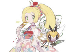 Rule 34 | 1girl, 2021, blonde hair, braid, card, clenched hand, closed mouth, commentary request, creatures (company), crown braid, darumaka, eyelashes, floral print, flower, game freak, gen 5 pokemon, gen 7 pokemon, green eyes, hair flower, hair ornament, holding, holding card, japanese clothes, kimono, lillie (new year&#039;s 2021) (pokemon), lillie (pokemon), long hair, looking to the side, mimura (nnnnnnnnmoo), new year, nintendo, official alternate costume, pokemon, pokemon (creature), pokemon masters ex, ponytail, ribombee, sash, smile, white background, white flower