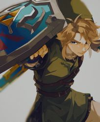 Rule 34 | 1boy, attack, blonde hair, blue eyes, commentary request, earrings, gloves, green hat, green tunic, hat, highres, hylian shield, jewelry, link, long hair, male focus, nintendo, pisu 1107, pointy ears, shield, solo, sword, the legend of zelda, weapon, white background