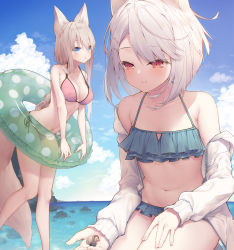 Rule 34 | 2girls, animal ears, bare shoulders, bikini, blue bikini, blue eyes, blue sky, blush, breasts, brown hair, cleavage, closed mouth, cloud, cloudy sky, collarbone, commentary request, day, fox ears, fox girl, fox tail, grey hair, halterneck, highres, holding, horizon, innertube, jacket, long hair, long sleeves, medium breasts, multiple girls, navel, ocean, off shoulder, open clothes, open jacket, original, outdoors, red eyes, side-tie bikini bottom, sky, sleeves past wrists, smile, standing, standing on one leg, string bikini, striped bikini, striped clothes, swim ring, swimsuit, tail, tokuno yuika, transparent, very long hair, water, white jacket