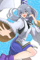 Rule 34 | 1girl, :d, blue background, blue skirt, bright pupils, grey eyes, grey hair, gurajio, hair between eyes, hat, highres, japanese clothes, kariginu, long hair, long sleeves, looking at viewer, mononobe no futo, open mouth, pom pom (clothes), ponytail, purple footwear, skirt, smile, solo, tate eboshi, touhou, v-shaped eyebrows, white pupils, wide sleeves