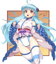 Rule 34 | 1girl, aqua hair, araki (qbthgry), blue hair, blush, boots, breasts, dated, detached sleeves, flower, frilled kimono, frills, gradient background, hair flower, hair ornament, hairband, highres, japanese clothes, kimono, knee pads, leotard, looking at viewer, medium breasts, obi, red eyes, ring dream, rose, sash, signature, solo, standing, standing on one leg, thigh boots, thighhighs, two-tone background, white background, wrestling outfit, yellow background, yuki onna (ring dream)