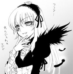 Rule 34 | 00s, 1girl, blush, dress, feathers, flower, greyscale, hairband, kitano tomotoshi, lineart, lolita hairband, long sleeves, looking at viewer, monochrome, parted lips, rose, rozen maiden, simple background, solo, suigintou, teeth, upper body, white background, wings