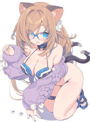 Rule 34 | 1girl, animal ears, blade (galaxist), blue-framed eyewear, blue eyes, braid, breasts, brown hair, cat ears, cat girl, cat tail, character request, cleavage, commentary request, eyes visible through hair, glasses, highres, kneeling, large breasts, long hair, long sleeves, looking at viewer, purple sweater, simple background, solo, sweater, tail, thighs, twin braids, white background