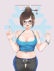 Rule 34 | 1girl, bad deviantart id, bad id, black-framed eyewear, blue shirt, bracelet, breasts, brown eyes, brown hair, cleavage, clenched hand, collarbone, cowboy shot, glasses, grey background, hair bun, hair ornament, hair stick, highres, hungry jamal, index finger raised, jewelry, korean text, large breasts, looking at viewer, mei (overwatch), midriff, navel, open mouth, overwatch, overwatch 1, pointing, pointing up, shirt, short hair, simple background, single hair bun, sketch, sleeveless, smile, snowflake hair ornament, snowflake print, solo, tank top, thigh gap, translation request