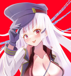 Rule 34 | 1girl, absurdres, black gloves, black hat, breasts, collarbone, collared shirt, gangut (kancolle), gloves, hat, highres, jacket, kantai collection, large breasts, long hair, long sleeves, nekokami, peaked cap, red background, red eyes, red shirt, shirt, solo, upper body, white hair, white jacket