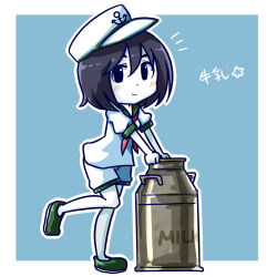 1girl anchor_symbol black_eyes black_hair blue_background blush closed_mouth colored_skin commentary_request cookie_(touhou) full_body green_shoes hair_between_eyes hat ikiume looking_at_viewer milk_(cookie) milk_churn murasa_minamitsu neckerchief puffy_short_sleeves puffy_sleeves red_neckerchief shirt shoes short_hair short_sleeves shorts smile solo standing standing_on_one_leg touhou two-tone_background white_hat white_shirt white_shorts white_skin