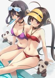 Rule 34 | :p, arm support, azur lane, bad id, bad pixiv id, bare shoulders, blunt bangs, breasts, choker, cleavage, collarbone, commentary request, fishing, fishing rod, food, from above, goggles, goggles on head, hair between eyes, hair ornament, highres, holding, holding fishing rod, in water, leaning forward, long hair, looking at viewer, manjirou (manji illust), midriff, mouth hold, navel, ning hai (azur lane), ning hai (summer hunger) (azur lane), official alternate costume, panda, ping hai (azur lane), ping hai (summer vacation) (azur lane), pool, popsicle, sidelocks, sitting, smile, spaghetti strap, tile floor, tiles, tongue, tongue out, twintails, visor cap