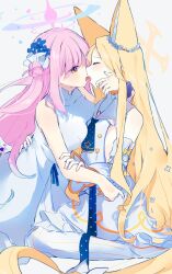 Rule 34 | 2girls, absurdly long hair, animal ear fluff, animal ears, arm around neck, arm around waist, arm grab, bare shoulders, blonde hair, blue archive, blush, breast press, breasts, closed mouth, couple, covered collarbone, dress, flat chest, fox ears, french kiss, hair bun, hair flowing over, halo, highres, kiss, long hair, low wings, medium breasts, mika (blue archive), multiple girls, pantyhose, pink hair, purple scrunchie, scrunchie, seia (blue archive), sideless shirt, single side bun, very long hair, white background, white dress, white footwear, white pantyhose, white wings, wings, wrist scrunchie, yellow eyes, yun (dust-i1), yuri