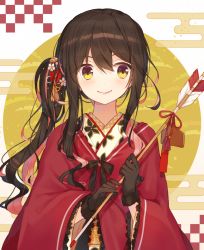 Rule 34 | 1girl, alternate costume, alternate hairstyle, arrow (projectile), blush, brown gloves, brown hair, closed mouth, egasumi, ema, fang, fang out, flower, gloves, hair flower, hair ornament, hamaya, hiiragi souren, holding, holding arrow, japanese clothes, kantai collection, kimono, lips, long hair, long sleeves, looking at viewer, naganami (kancolle), pink hair, purple eyes, red kimono, red ribbon, ribbon, side ponytail, sidelocks, smile, solo, tareme, tassel, upper body, wavy hair, wide sleeves, yellow eyes