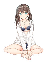 Rule 34 | 1girl, bad id, bad pixiv id, bare legs, barefoot, bikini, black bikini, blue eyes, blush, breasts, brown hair, cleavage, closed mouth, collarbone, commentary request, front-tie bikini top, front-tie top, hair between eyes, jacket, kurata rine, long hair, long sleeves, low twintails, medium breasts, open clothes, open jacket, original, sidelocks, simple background, sitting, solo, swimsuit, twintails, white background, white jacket