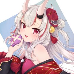 Rule 34 | 1girl, :d, aeon ion, bell, black kimono, blush, box, double bun, fang, from side, gold trim, gradient hair, grey hair, hair bell, hair bun, hair ornament, heart, heart-shaped box, heart-shaped pupils, highres, hololive, horns, japanese clothes, jingle bell, kimono, long hair, long sleeves, looking at viewer, mask, mask on head, multicolored hair, nakiri ayame, nakiri ayame (1st costume), off shoulder, oni, oni mask, open mouth, red eyes, red hair, skin-covered horns, skin fang, smile, solo, streaked hair, symbol-shaped pupils, tassel, tassel hair ornament, two side up, upper body, valentine, virtual youtuber