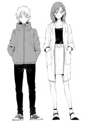 Rule 34 | 1boy, 1girl, absurdres, belt, collarbone, commentary request, expressionless, full body, greyscale, hands in pockets, high heels, highres, hood, hoodie, lab coat, looking at viewer, medium hair, monochrome, original, pants, pencil skirt, shoes, short hair, simple background, skirt, smile, sneakers, straight-on, sweater, sweater tucked in, vice (kuronekohadokoheiku)