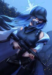 Rule 34 | 1girl, absurdres, bare shoulders, baseball cap, belt, black belt, black pants, black shirt, blue archive, blue eyes, blue hair, blue hat, breasts, coat, commentary request, cowboy shot, crop top, gun, hat, highres, holding, holding gun, holding weapon, ikecchi (hayato moon), large breasts, leggings, long hair, long sleeves, looking at viewer, mask, midriff, mouth mask, navel, off shoulder, open clothes, open coat, pants, rifle, saori (blue archive), shirt, sleeveless, sleeveless shirt, solo, standing, stomach, very long hair, weapon