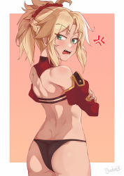 Rule 34 | 1girl, anger vein, artist name, ass, bare shoulders, black panties, blonde hair, blush, braid, commentary, darahan, detached sleeves, fang, fate/apocrypha, fate (series), from behind, green eyes, long hair, looking at viewer, looking back, mordred (fate), mordred (fate/apocrypha), open mouth, panties, ponytail, red sleeves, solo, underwear