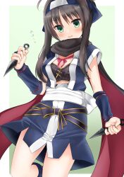 Rule 34 | 1girl, absurdres, ahoge, arm at side, black hair, black scarf, blue gloves, blue kimono, blush, breasts, commentary request, cowboy shot, eyes visible through hair, forehead protector, gloves, green background, green eyes, hair between eyes, hand up, head tilt, heart, highres, hitachi mako, holding, holding weapon, japanese clothes, kimono, kunai, looking at viewer, medium breasts, neck ribbon, ninja, open mouth, partially fingerless gloves, red ribbon, ribbon, sash, scarf, senren banka, short hair with long locks, short kimono, short sleeves, sidelocks, simple background, smile, smirk, solo, standing, standing on one leg, straight hair, takepoison, translated, v-shaped eyebrows, weapon, white sash