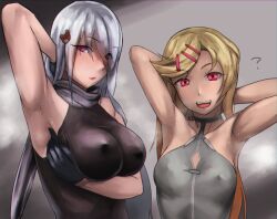 Rule 34 | 2girls, ?, arm behind back, arm up, armpits, arms behind head, arms up, bare shoulders, bear hair ornament, black gloves, blonde hair, blush, breasts, cleavage, covered erect nipples, girls&#039; frontline, gloves, hair ornament, hair over one eye, hairclip, large breasts, long hair, looking at viewer, m1919a4 (girls&#039; frontline), mizukamakiri, multiple girls, open mouth, pk (girls&#039; frontline), presenting armpit, red eyes, scarf, small breasts, smile, very long hair, white hair