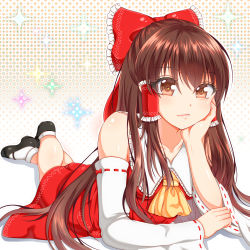 Rule 34 | 1girl, arm support, ascot, bare shoulders, blush, bow, breasts, brown eyes, brown hair, crossed ankles, detached sleeves, eyelashes, hair bow, hair tubes, hakurei reimu, head rest, high heels, large bow, lips, looking at viewer, lying, mary janes, medium breasts, naughty face, on stomach, shoes, smile, socks, solo, sparkle, straight hair, touhou, tsurara0128, yellow ascot