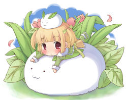 Rule 34 | 1girl, :3, bad id, bad pixiv id, blonde hair, blush, chibi, creature, dress, flower, leaf, looking at viewer, mizuno mumomo, original, red eyes, short hair, short twintails, snow rabbit, solo, twintails, two side up, yellow dress