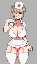 Rule 34 | 1girl, blood, blunt bangs, boku no hero academia, breasts, choker, cleavage, cleft of venus, curvy, double bun, fang, garter straps, grey background, hair bun, hat, large breasts, looking at viewer, no panties, nurse, nurse cap, pussy, ragingbarbarians, smile, solo, thick thighs, thighhighs, thighs, toga himiko, uncensored, yellow eyes