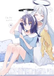 Rule 34 | 2girls, barefoot, blue archive, blue pajamas, blush, closed eyes, closed mouth, collarbone, grey hair, halo, heart, highres, holding, holding mirror, mechanical halo, mirror, multiple girls, noa (blue archive), nyou 0, official alternate costume, open mouth, pajamas, purple hair, simple background, smile, spoken heart, spoken squiggle, squiggle, toes, white background, white pajamas, yuuka (blue archive)