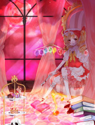 Rule 34 | 1girl, apron, bad id, bad pixiv id, blonde hair, blood, blush, bone, book, bow, cake, caramelsweet, chair, crystal, cupcake, curtains, female focus, flandre scarlet, food, hair bow, highres, ice cream, moon, night, open mouth, puffy sleeves, red eyes, red moon, short hair, short sleeves, side ponytail, sitting, skull, sky, solo, star (symbol), sundae, touhou, window, wings