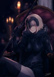 Rule 34 | 1girl, armchair, banner, blonde hair, blurry, blurry background, breasts, candle, chair, commentary request, depth of field, fate/grand order, fate (series), glowing, glowing eyes, grey thighhighs, highres, holding, jeanne d&#039;arc (fate), jeanne d&#039;arc alter (avenger) (fate), jeanne d&#039;arc alter (fate), lantern, large breasts, looking at viewer, orange eyes, rean (r ean), sitting, smile, smirk, solo, thighhighs
