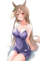 Rule 34 | absurdres, animal ears, blue one-piece swimsuit, blush, braid, breasts, brown hair, cleavage, collarbone, commentary, covered navel, cowboy shot, hair ornament, half updo, highres, horse ears, horse girl, horse tail, large breasts, long hair, looking at viewer, one-piece swimsuit, open mouth, raindrop746079, red eyes, satono diamond (umamusume), simple background, single braid, sitting, solo, sweat, swimsuit, tail, thighs, umamusume, very long hair, white background