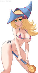 Rule 34 | 1girl, absurdres, between thighs, bikini, blonde hair, blush stickers, breasts, cleavage, closed mouth, contrapposto, dark magician girl, duel monster, green eyes, hair between eyes, hat, highres, hioyami, holding, holding staff, large breasts, leaning forward, long hair, looking at viewer, micro bikini, patreon username, side-tie bikini bottom, simple background, smile, solo, staff, strap gap, swimsuit, v-shaped eyebrows, white background, wizard hat, yu-gi-oh!