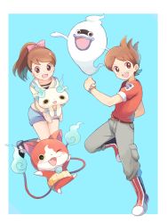 Rule 34 | 10s, 1boy, 1girl, amano keita, bad id, bad pixiv id, belt, blue background, boots, brown eyes, brown hair, cargo pants, cat, fangs, flame-tipped tail, ghost, grey pants, haramaki, high ponytail, jibanyan, kodama fumika, komasan, long hair, mei (maysroom), multiple tails, notched ear, one eye closed, open mouth, pants, purple lips, red shirt, shirt, short hair, shorts, simple background, t-shirt, tail, traditional youkai, two tails, watch, whisper (youkai watch), white background, wristwatch, youkai watch, youkai watch (object), youkai watch 2, youkai watch zero-shiki
