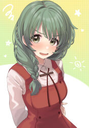 Rule 34 | 1girl, absurdres, arms behind back, blush, braid, breasts, collared shirt, commentary request, drawstring, dress, fingernails, furrowed brow, green eyes, green hair, hair over shoulder, hair tie, heart, hidamari sketch, highres, long hair, long sleeves, looking at viewer, medium breasts, natsume (hidamari sketch), open mouth, pinafore dress, polka dot, polka dot background, red dress, shirt, sidelocks, single braid, sleeveless, sleeveless dress, solo, square neckline, star (symbol), sun symbol, tanupon, tareme, thick eyelashes, three quarter view, turning head, upper body, v-shaped eyebrows, white background, white shirt, yellow background