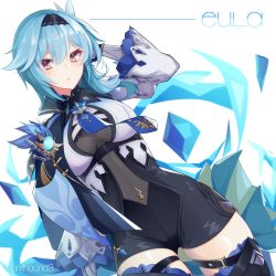 Rule 34 | 1girl, arm up, artist name, blue hair, bodystocking, breasts, character name, dark hound 3, eula (genshin impact), genshin impact, hairband, half-closed eyes, highres, long sleeves, looking at viewer, medium breasts, solo, thigh strap, thighhighs