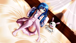 Rule 34 | 10s, 1girl, bed, blue eyes, blue hair, date a live, hand puppet, highres, knees together feet apart, long hair, matching hair/eyes, nightgown, panties, pantyshot, pillow, pink panties, puppet, sitting, smile, solo, thighhighs, underwear, yoshino (date a live), yoshinon